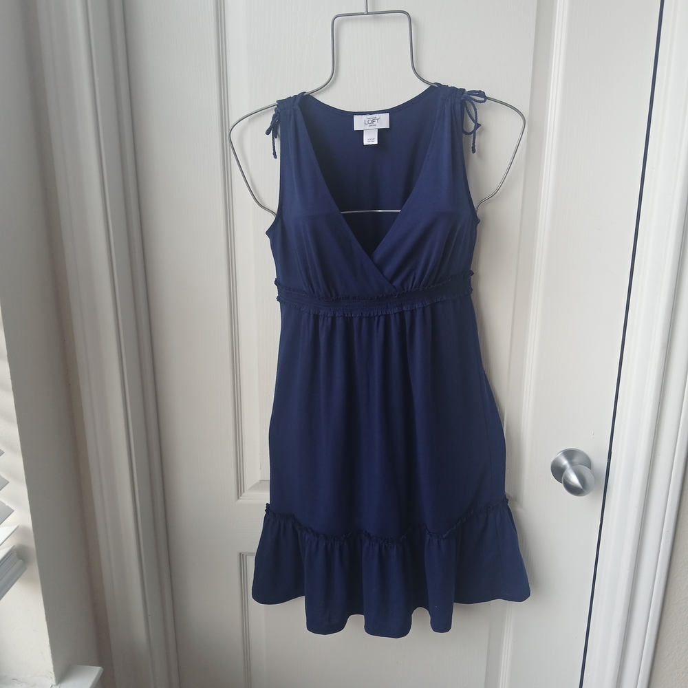 3/$15 LOFT Blue Ruched Ruffled Mini Sundress
